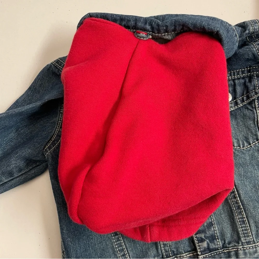 Gap Baby Jacket Denim Embroidered Handsome Devil Removable Hood Pockets Blue Red
